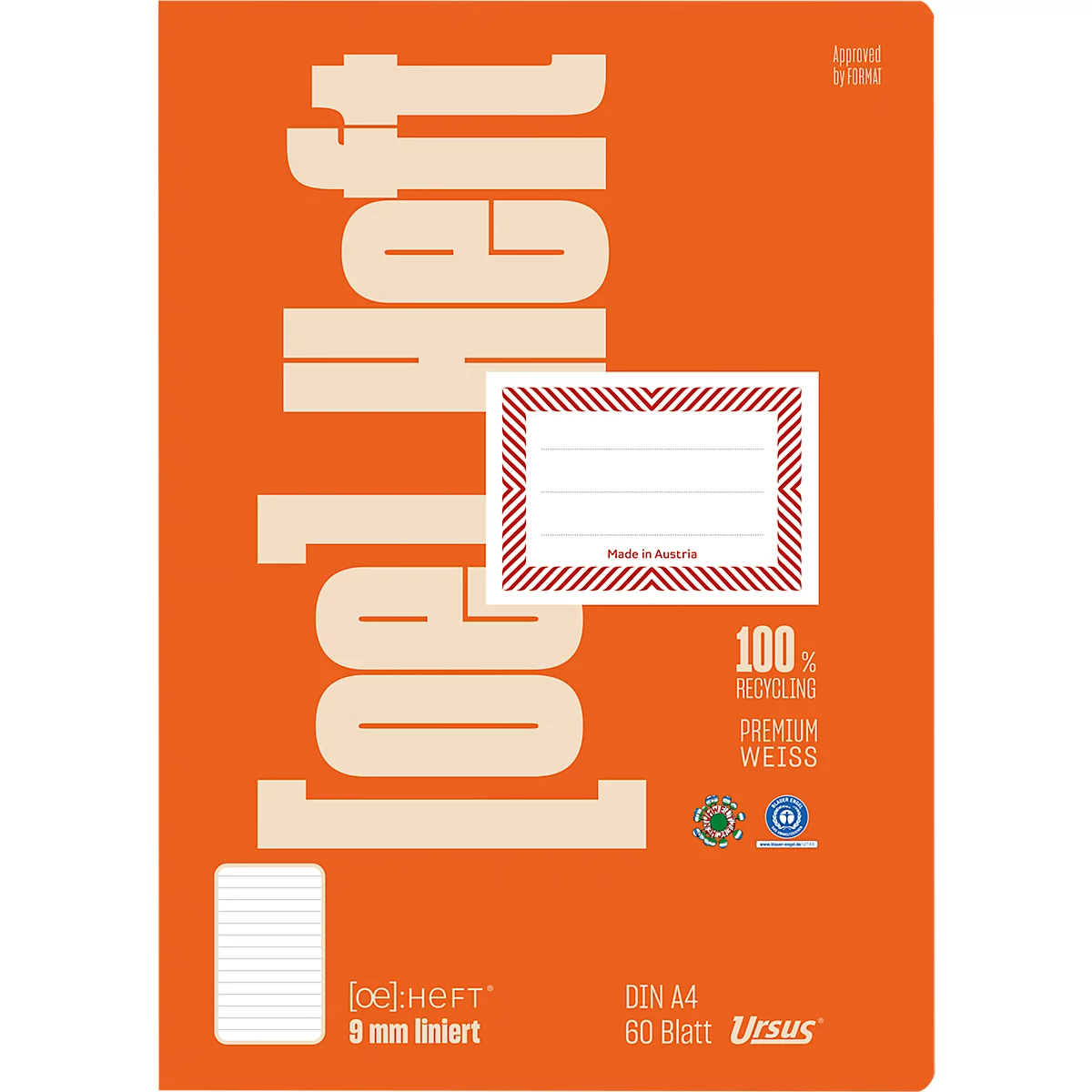 Cahier orange avec les mots "[oe] heft" en grandes lettres blanches. Une boîte d'adresse blanche avec bordure rouge et texte. Le texte est : 100% Recyclage.