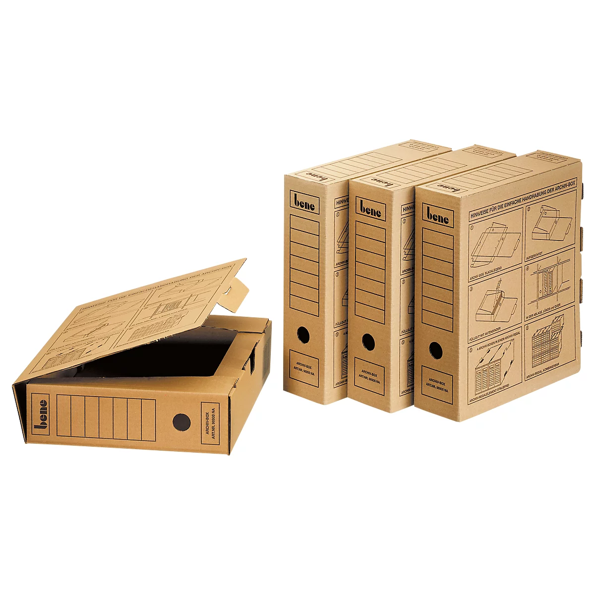 Dossiers en carton ouverts et fermés, avec champs d'étiquetage, marron. Le texte 'bene' et des instructions sont visibles.