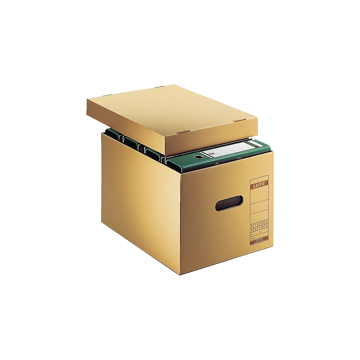Boîte en carton avec couvercle marron remplie de dossiers verts, logo LEITZ et ouverture de la poignée.