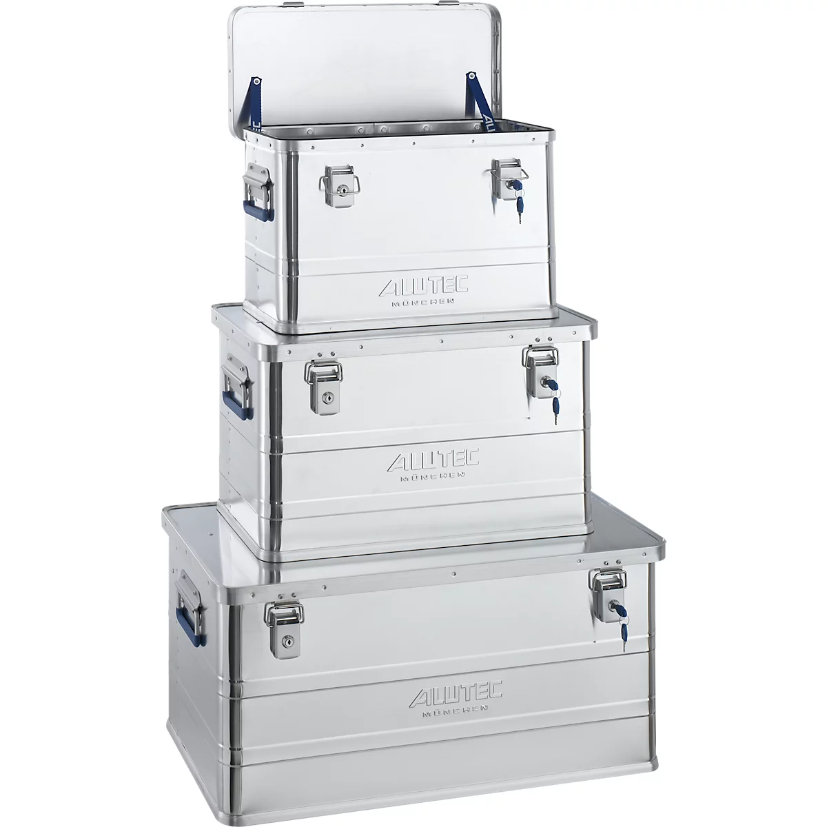 Caisse de transport Alutec CLASSIC, set de 3 pièces avec 1 x 33 l, 1 x 53 l &amp; 1 x 93 l, serrures à cylindre, aluminium, argent