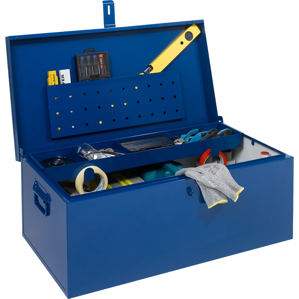 Caisse de transport, compartiment pour documents, compartiment amovible pour outils, L 830 x l 440 x H 340 mm, tôle d'acier, RAL 5010