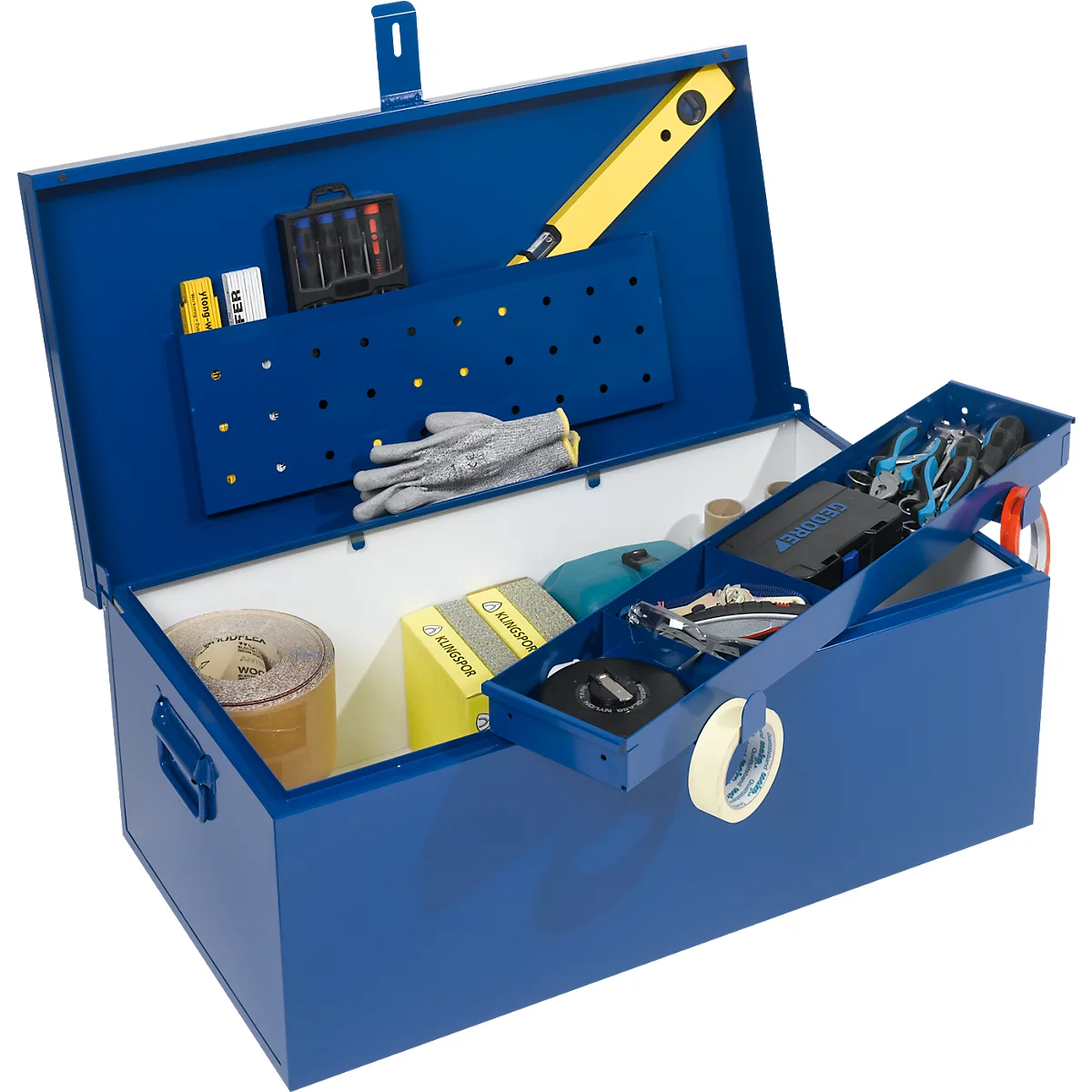Caisse de transport, compartiment pour documents, compartiment amovible pour outils, L 830 x l 440 x H 340 mm, tôle d'acier, RAL 5010
