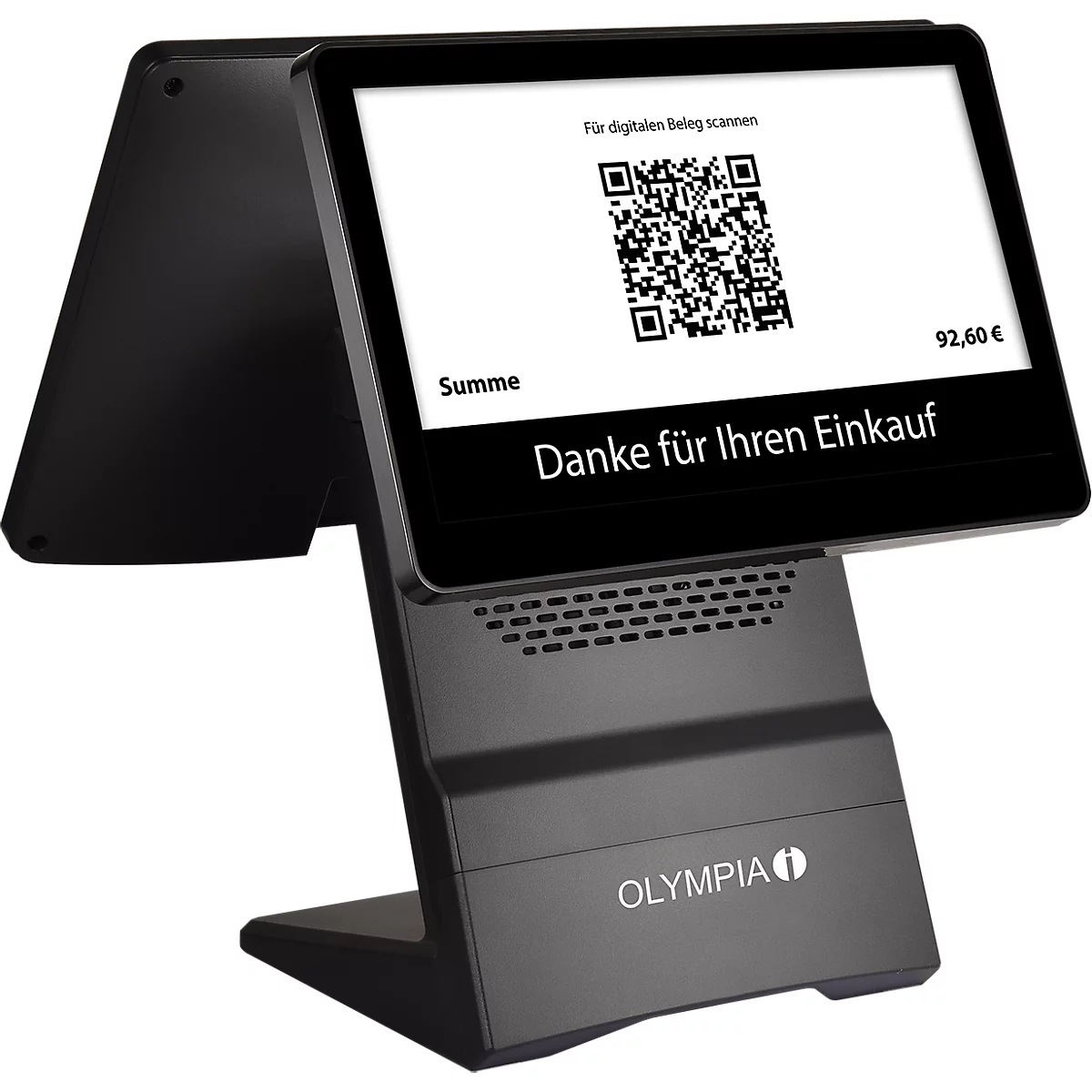 Caisse enregistreuse noire affichant un code QR. L'écran affiche "Merci pour votre achat".