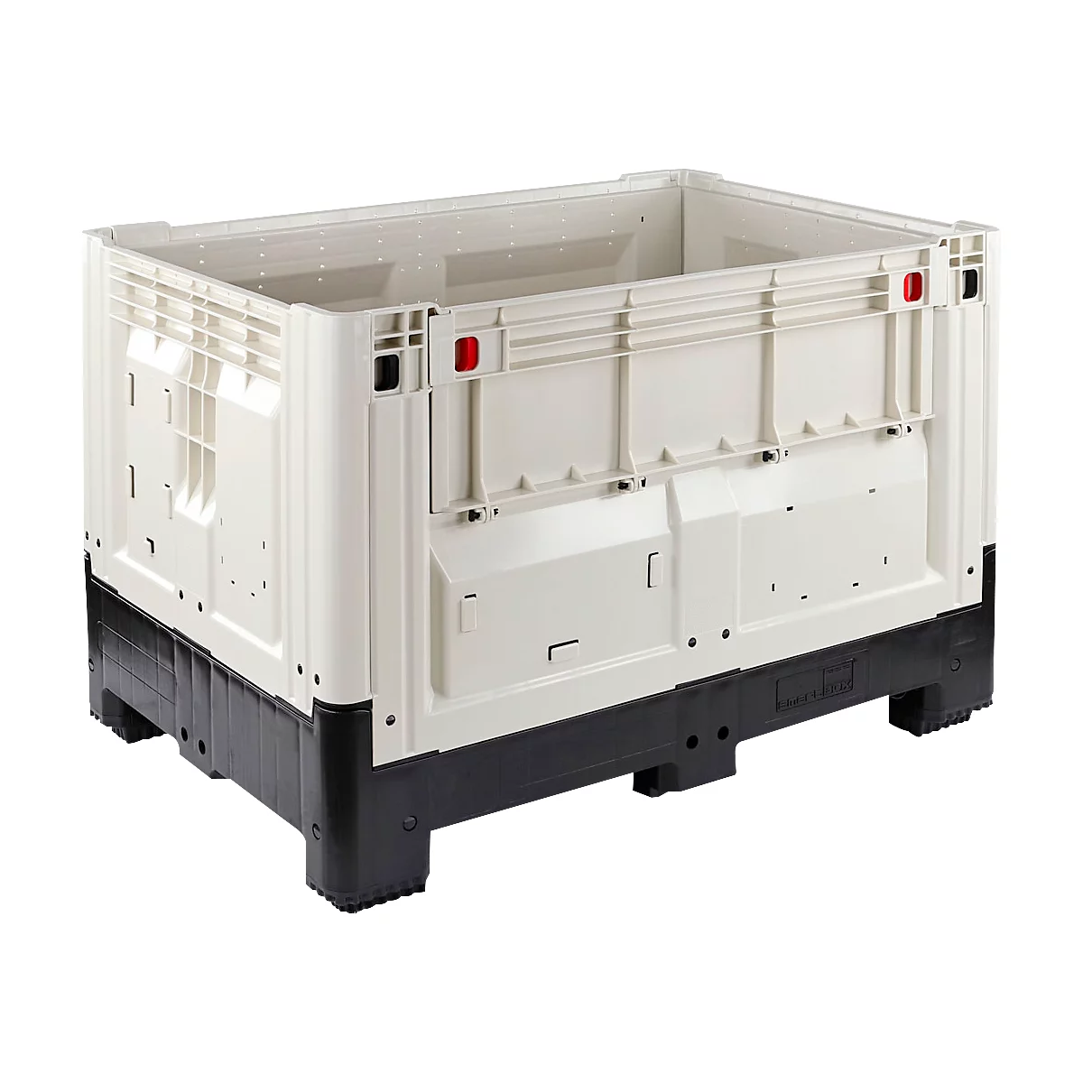 Grande caisse en plastique beige sur palette noire, avec marquage rouge.