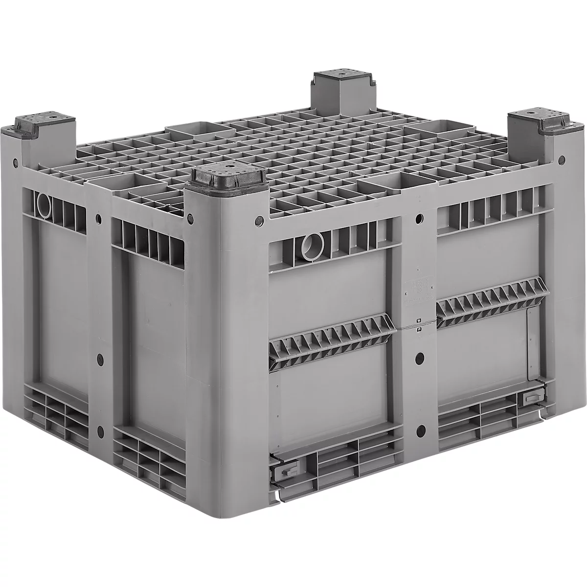 Caisse-palette - polyéthylène - L 1200 x l 1000 x H 760 mm - 610 litres - 4 pieds - avec 1 paroi rabattable