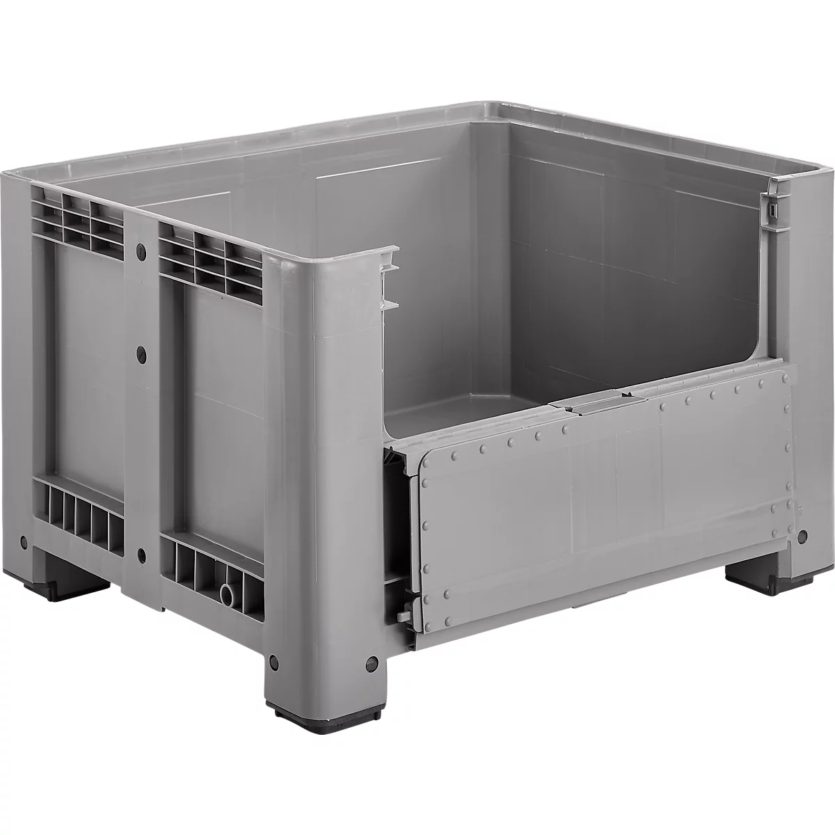 Caisse-palette - polyéthylène - L 1200 x l 1000 x H 760 mm - 610 litres - 4 pieds - avec 1 paroi rabattable