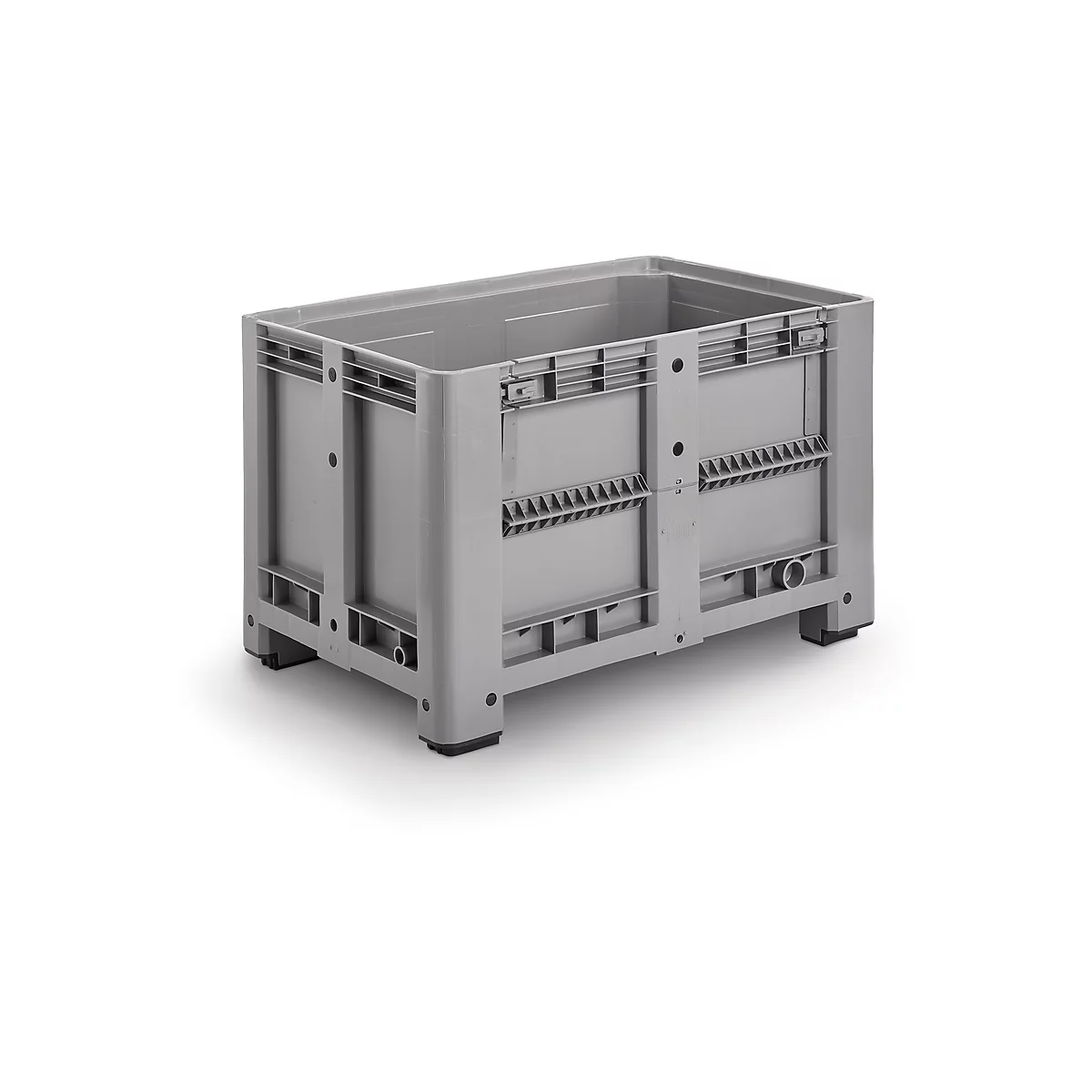 Caisse-palette - polyéthylène - L 1200 x l 800 x H 760 mm - 470 litres - 4 pieds - avec 1 paroi rabattable