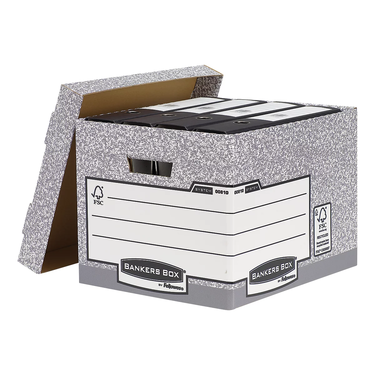 Boîte d'archives mouchetée grise avec couvercle ouvert. Des dossiers sont visibles. La boîte indique "Bankers Box".