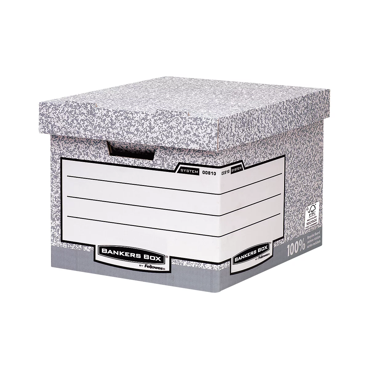 Boîte d'archives mouchetée grise avec une zone blanche pour l'étiquetage. Logo : Bankers Box by Fellowes. Certification FSC.