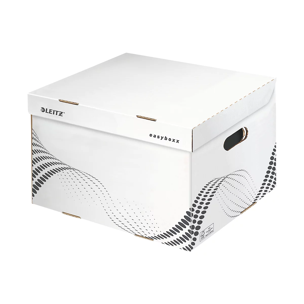 Boîte d'archivage Leitz Easyboxx blanche, avec poignée et logo noirs. Design avec des lignes pointillées.