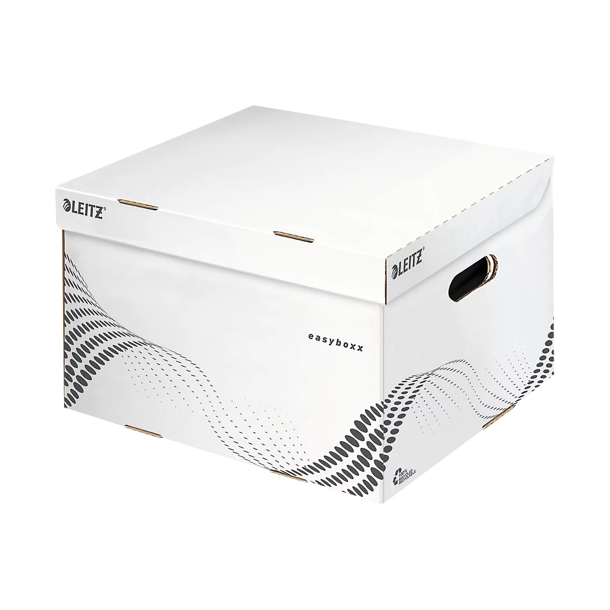 Boîte d'archives Leitz Easyboxx blanche avec couvercle, poignée et motif à pois. Imprimés : Leitz et Easyboxx.