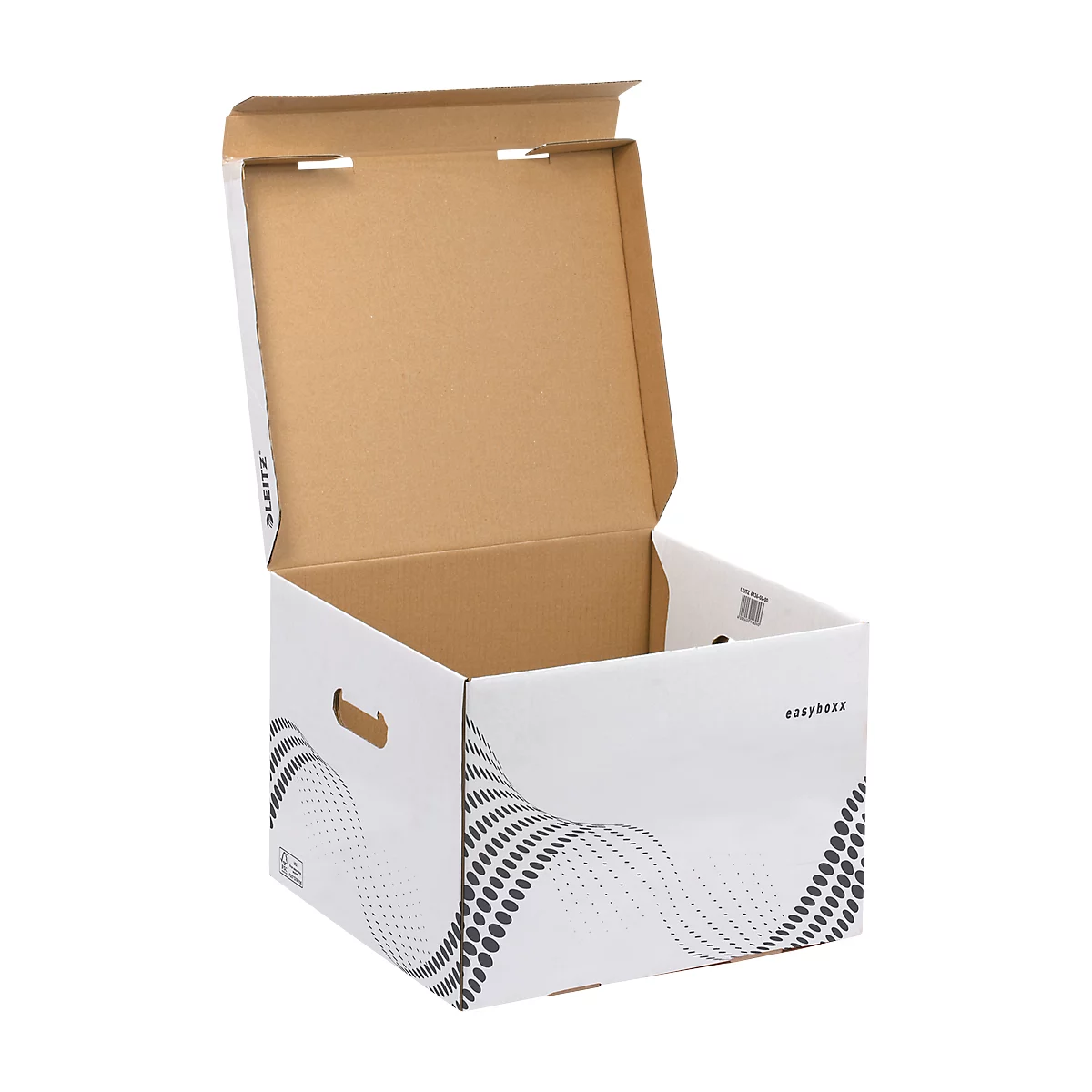 Boîte de classement blanche, couvercle ouvert. Motif ondulé sur le côté. Inscription : easybox.