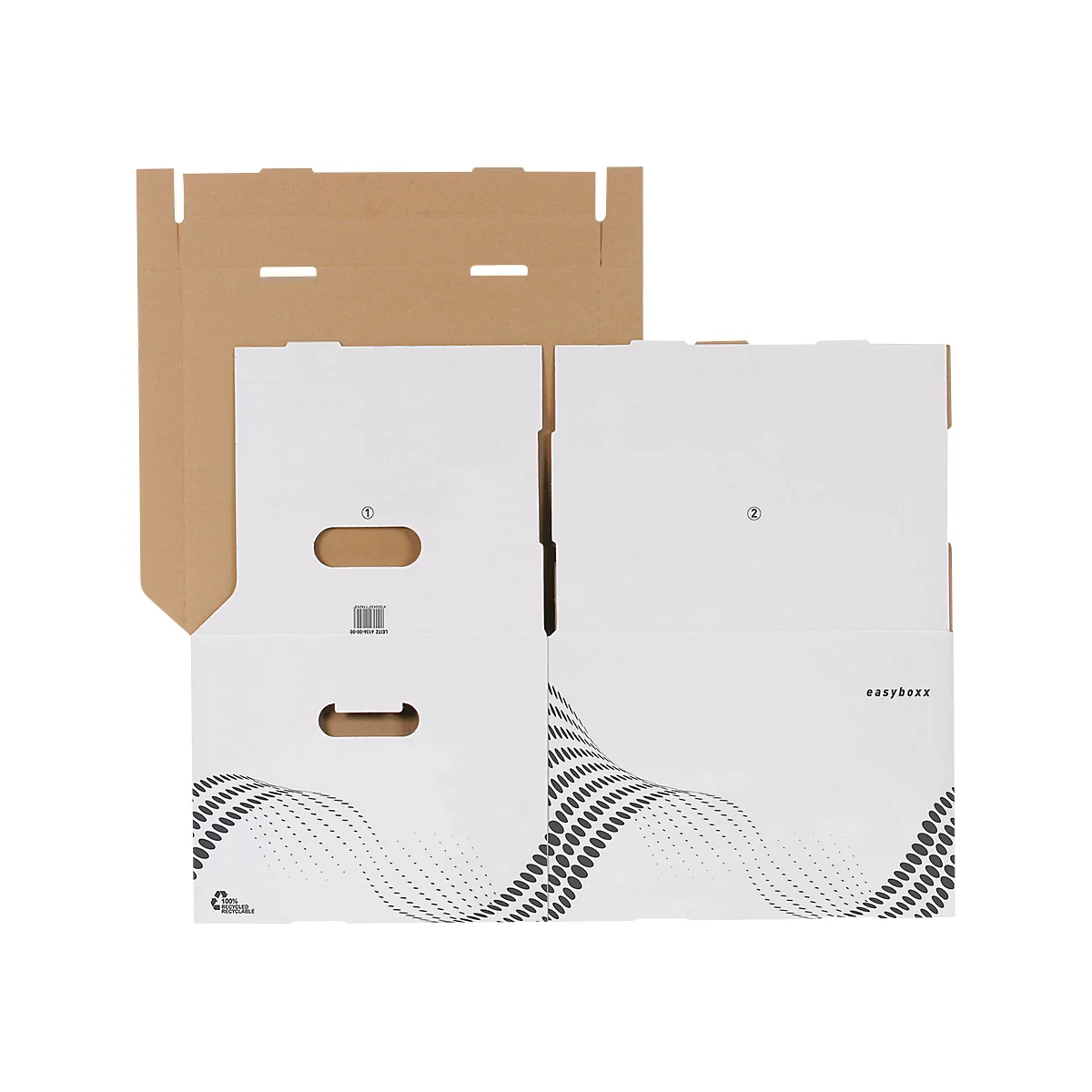 Emballage en carton blanc ouverte, extérieur en carton brun. Ouvertures de poignée, motif de vagues, impression 'easyboxx'.