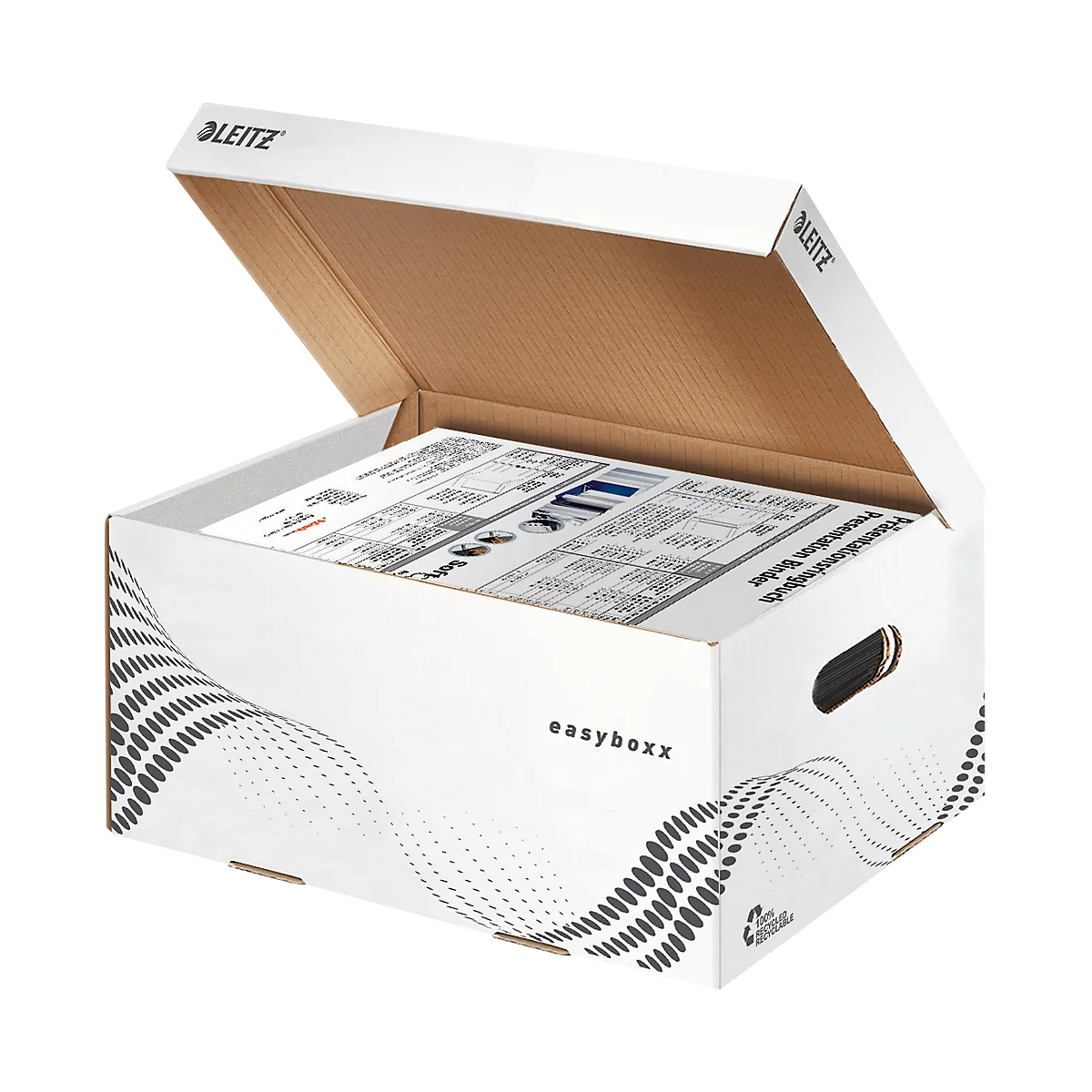 Boîte Leitz Easyboxx blanche avec couvercle ouvert, remplie de documents. La boîte a des poignées noires et un motif de vagues.