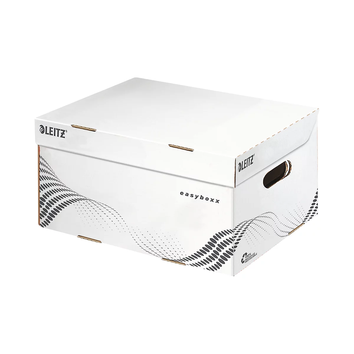 Boîte d'archives blanche Leitz, avec l'inscription 'easyboxx' et un design en forme de vagues.