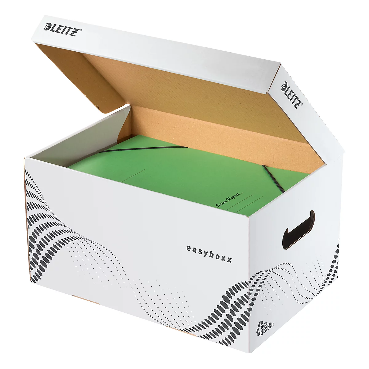 Boîte rectangulaire blanche avec couvercle ouvert. À l'intérieur, des dossiers verts, étiquette : "LEITZ easyboxx".