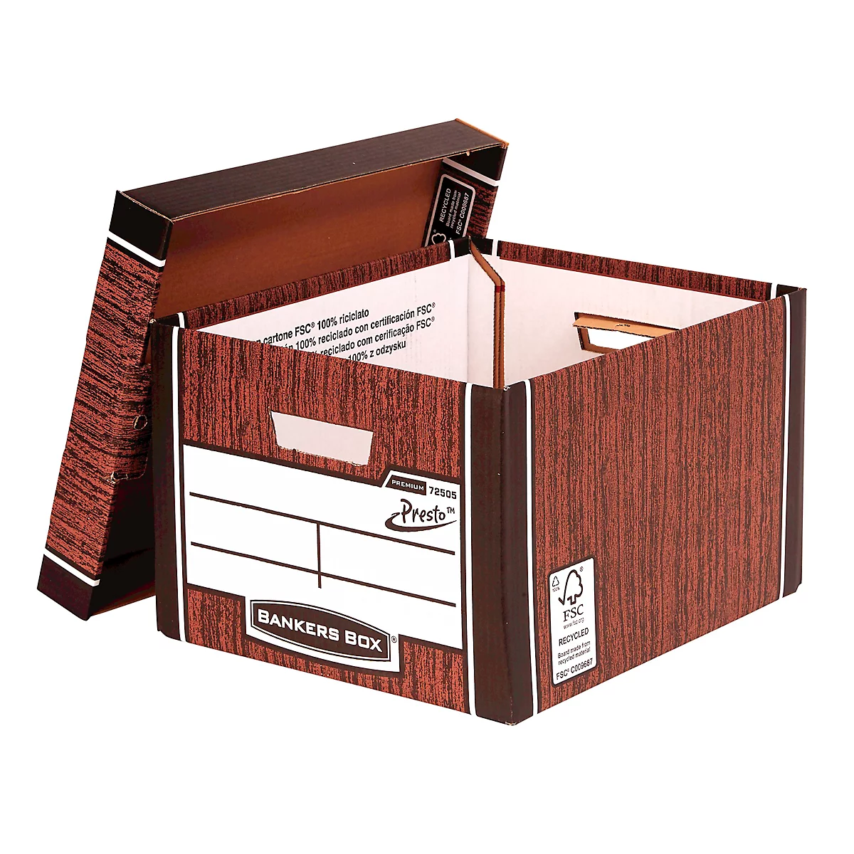 Boîte d'archives marron avec couvercle ouvert. Logos visibles tels que 'Bankers Box', 'Presto' et le label FSC.