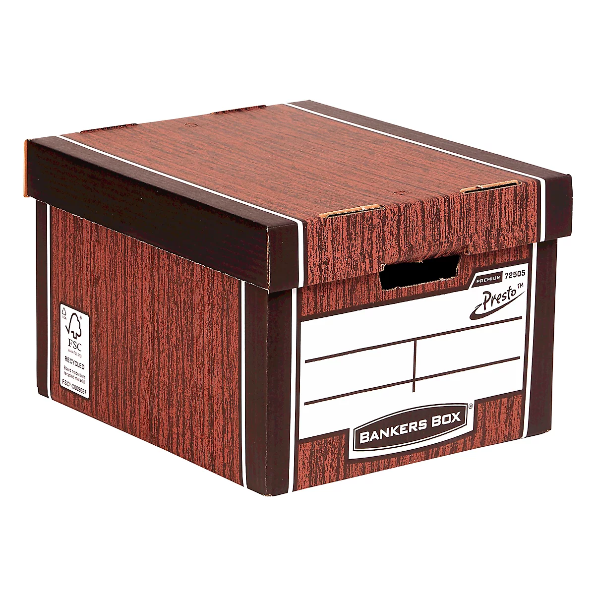 Boîte de classement marron avec grain de bois, étiquette blanche et texte 'BANKERS BOX'.