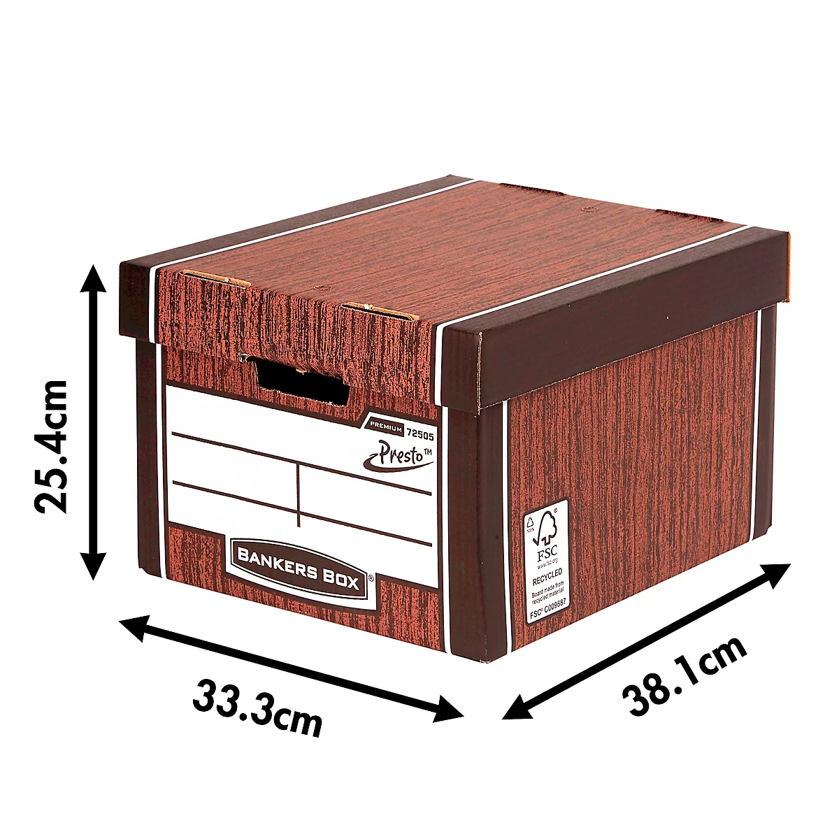 Boîte de rangement marron, avec dimensions, logos et marque FSC. Dimensions : 25,4 cm x 33,3 cm x 38,1 cm.