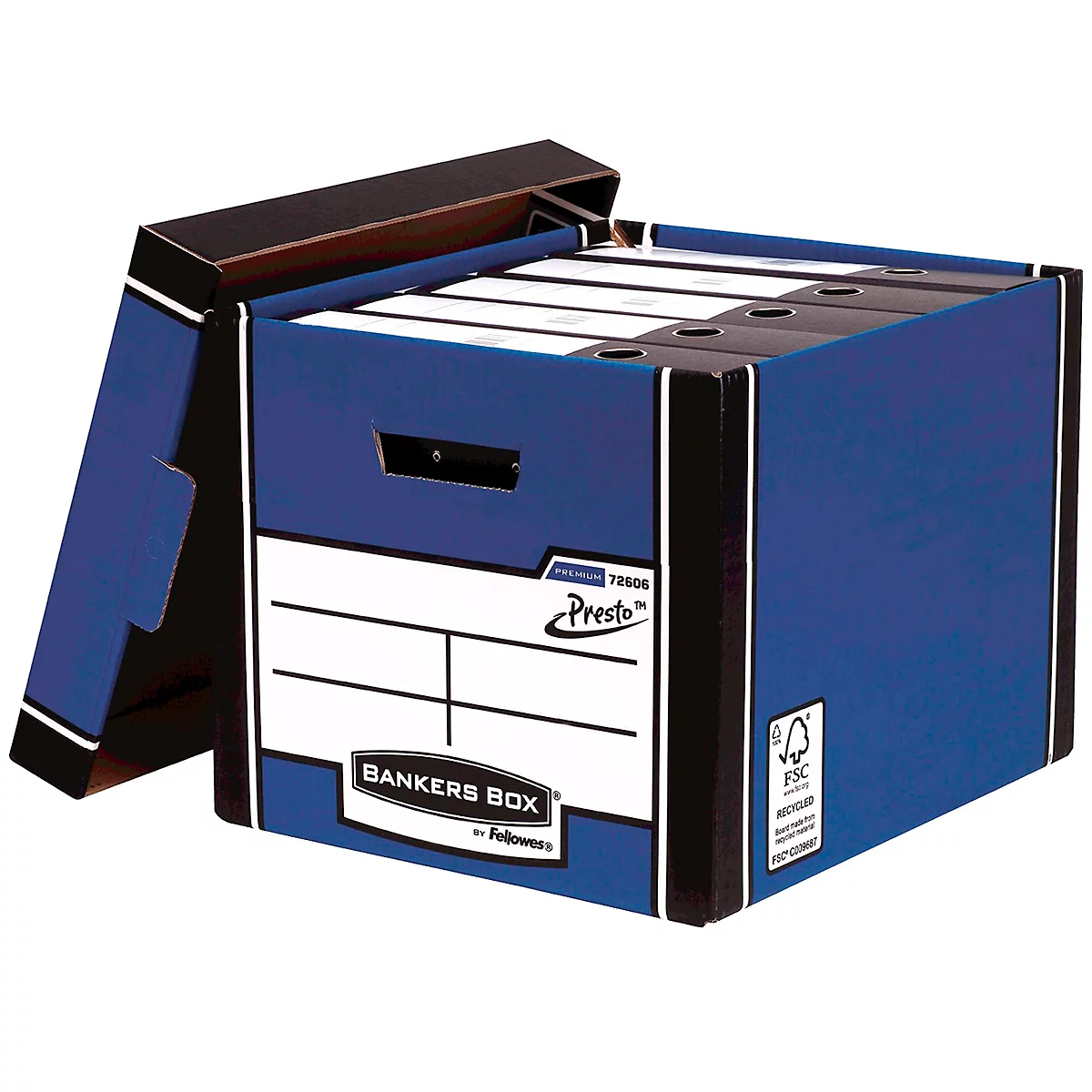 Boîte d'archives bleue, couvercle ouvert. Inscription "Bankers Box" et "Presto". Contient des dossiers.