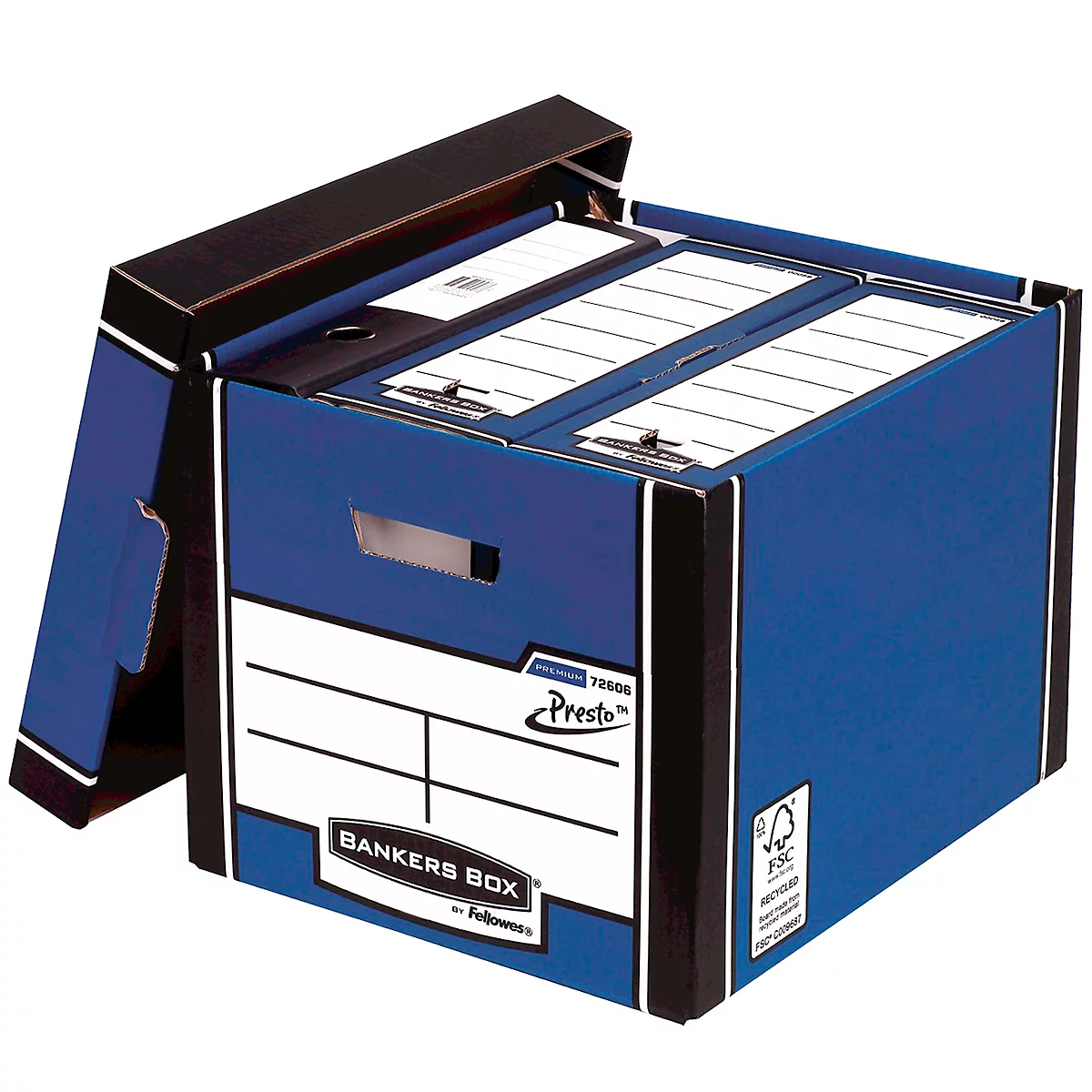 Une boîte d'archives bleue avec un couvercle noir, ouverte. Inscription : "Bankers Box".