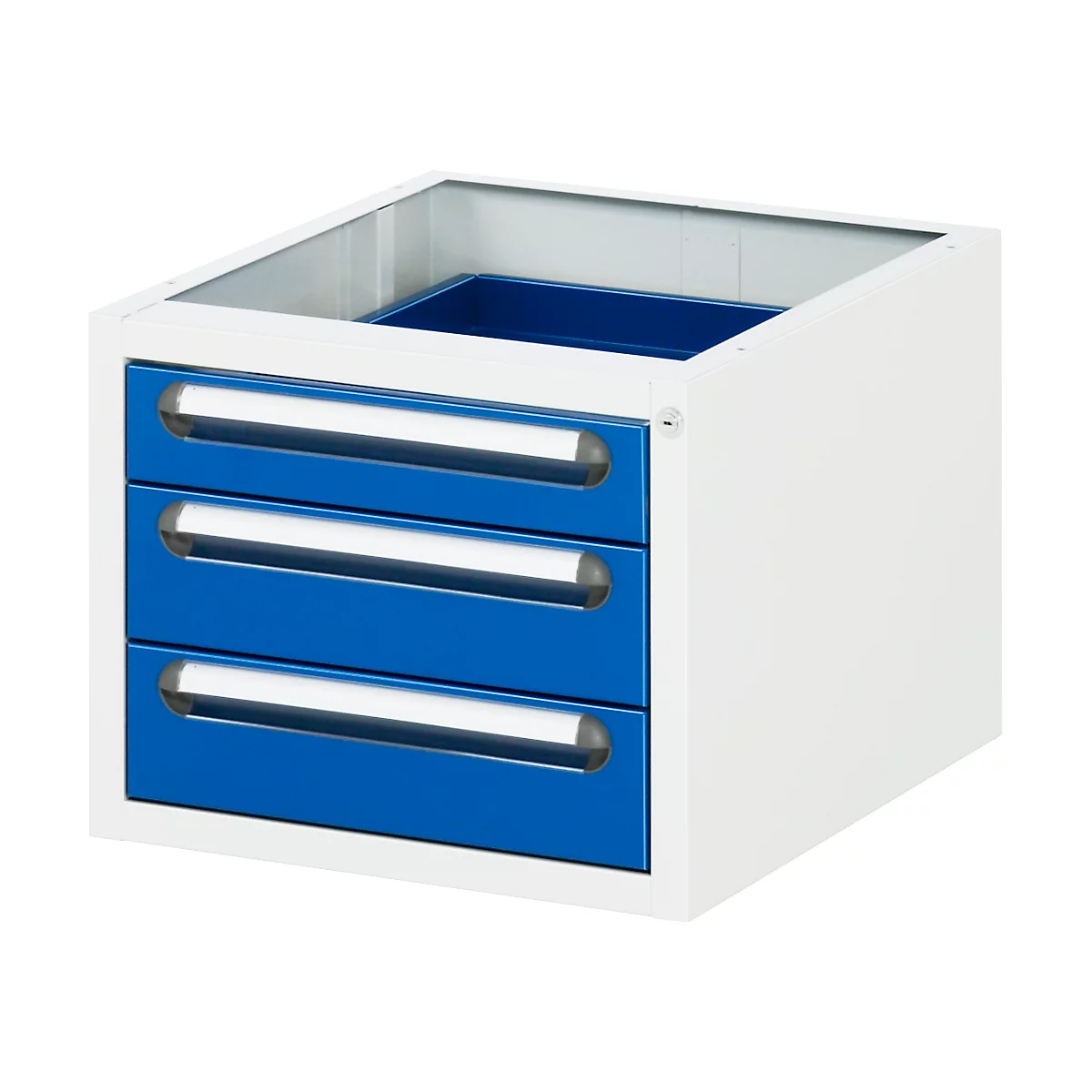 Caisson à roulettes Rau pour bureaux réglables en hauteur Jerry, Tom, série E et Adlatus, 3 tiroirs, L 480 x P 600 x H 540 mm, gris clair/bleu gentiane