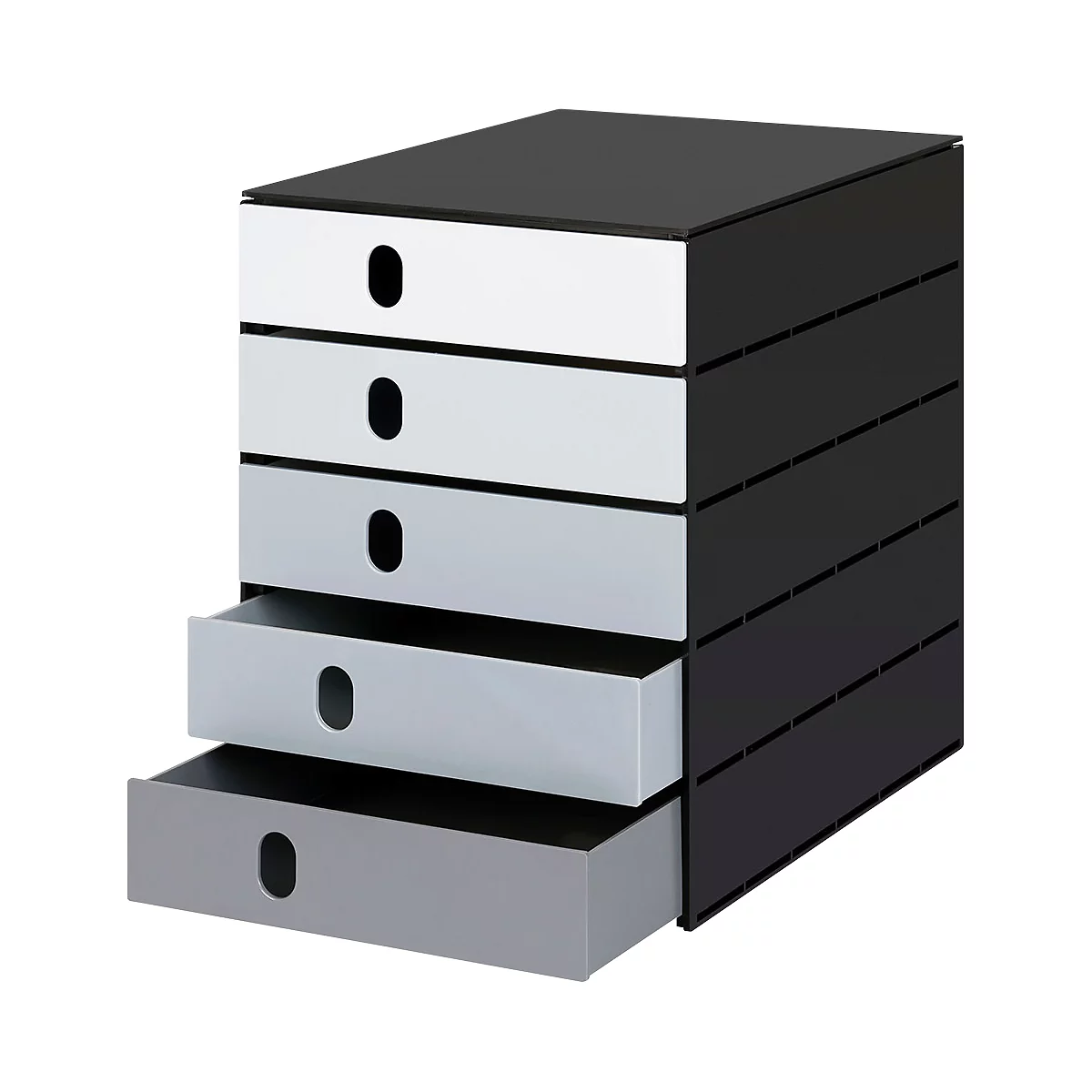 Caisson à tiroirs Styro Styroval Pro Color Flow, pour les formats jusqu'à C4, 5 tiroirs fermés, gris/noir, dégradé de couleurs