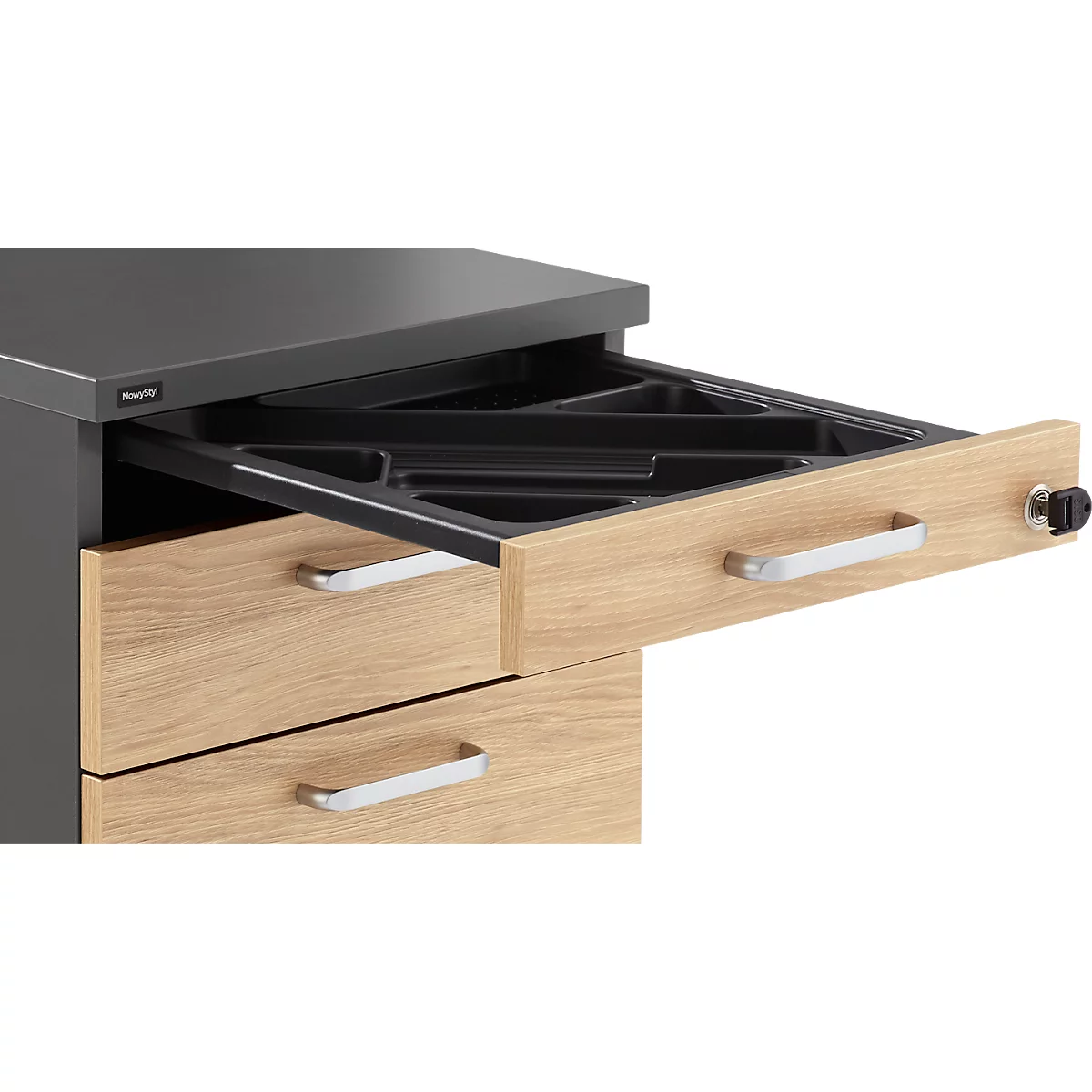 Caisson fixe BEXXSTAR, 4 tiroirs, tiroir à ustensiles, L 430 x P 600 x H 740 mm, gris foncé/décor chêne