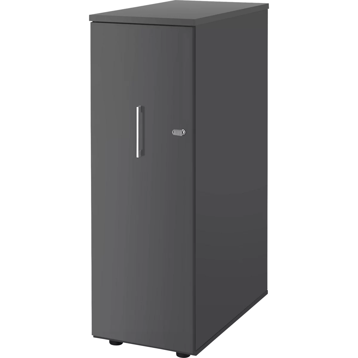 Une armoire haute et étroite couleur anthracite avec une porte, une poignée argentée verticale et de petits pieds.