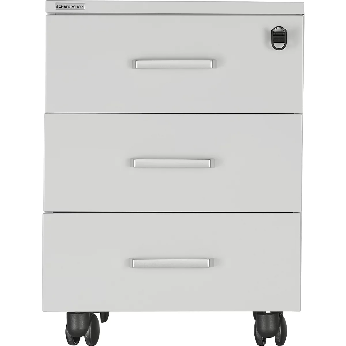 Classeur gris à trois tiroirs et roulettes. Les poignées et la serrure sont argentées.