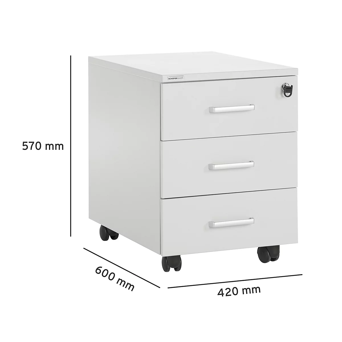 Caisson mobile blanc avec trois tiroirs et roulettes. Les dimensions sont spécifiées.