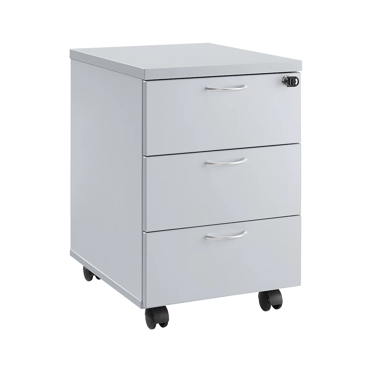 Conteneur de bureau gris avec trois tiroirs, poignées argentées et roulettes.