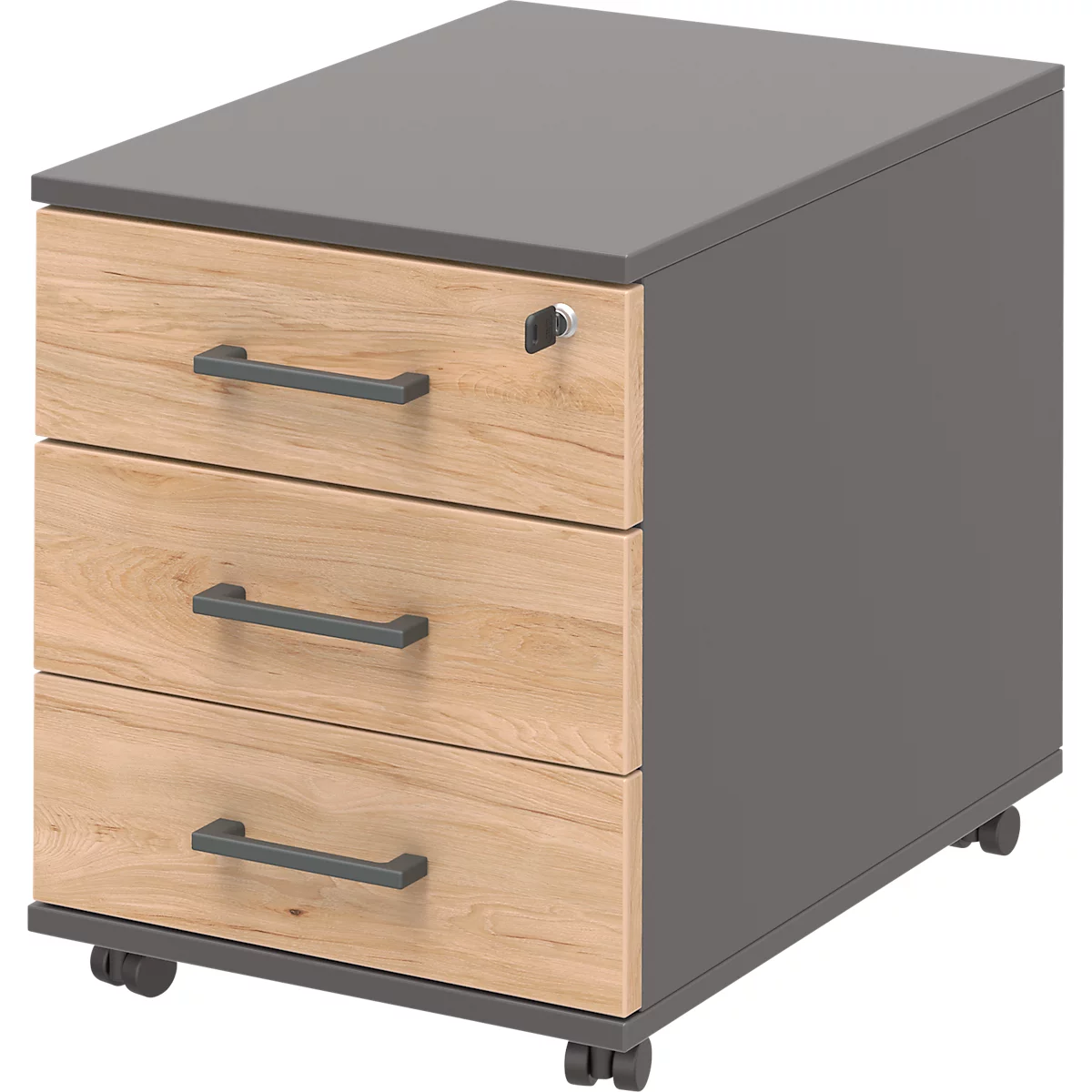 Caisson mobile 333 TEMPIO, en bois, 3 tiroirs (1 avec serrure), L 430 x P 500 x H 550 mm, anthracite/chêne cendré