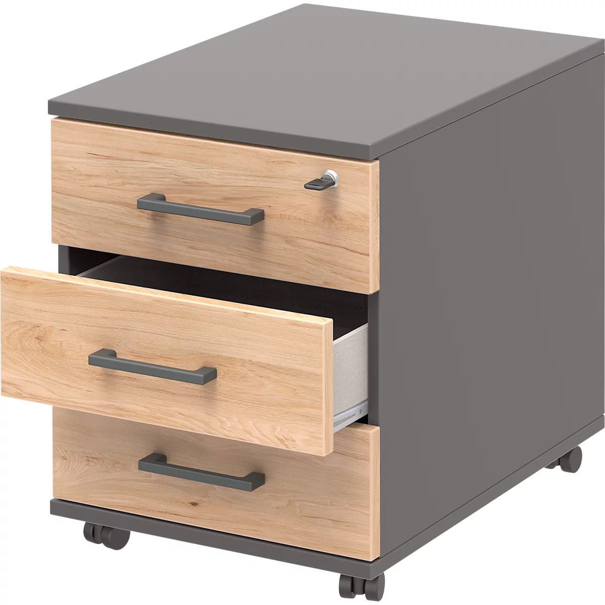 Caisson mobile 333 TEMPIO, en bois, 3 tiroirs (1 avec serrure), L 430 x P 500 x H 550 mm, anthracite/chêne cendré