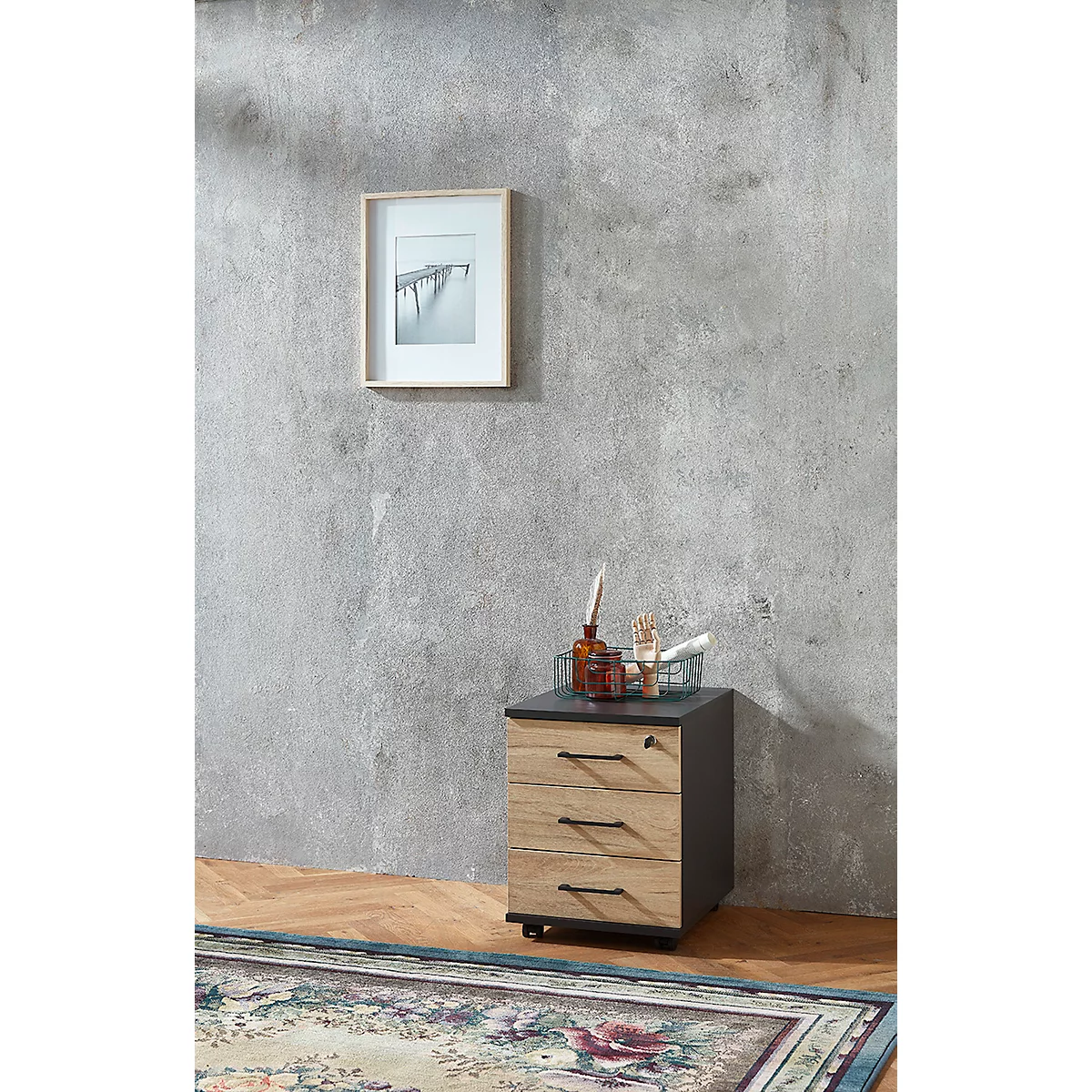 Caisson mobile 333 TEMPIO, en bois, 3 tiroirs (1 avec serrure), L 430 x P 500 x H 550 mm, anthracite/chêne cendré