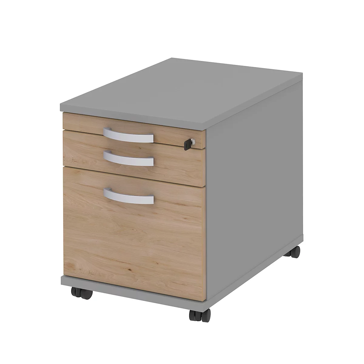 Caisson mobile BARI, tiroir à dossiers suspendus, tiroir plumier, 1 tiroir, l. 432 x P 577 x H 538 mm, coloris chêne/gris moyen