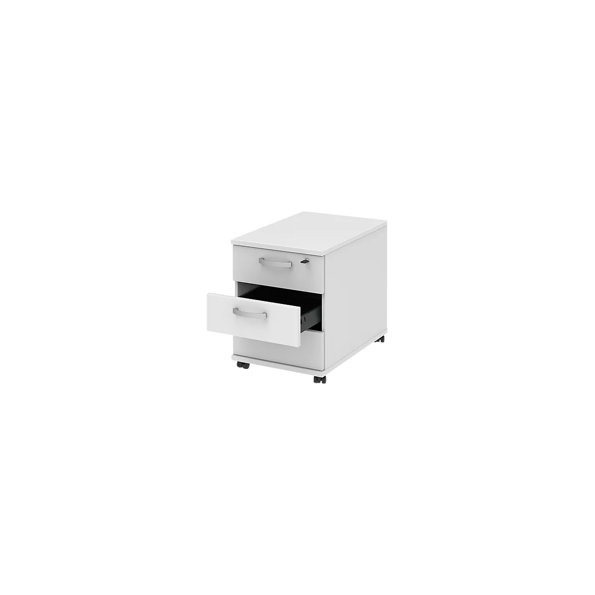 Caisson mobile BARI, tiroir-plumier, 3 tiroirs, verrouillable, l. 427 x P 600 x H 544 mm, blanc/blanc/alu