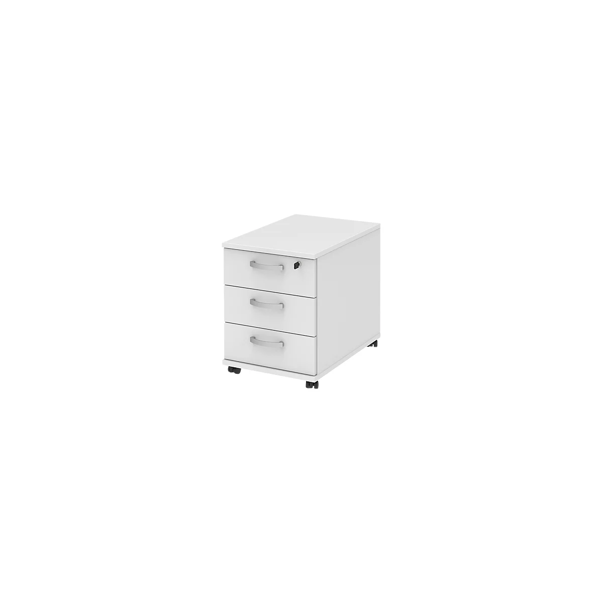 Caisson mobile BARI, tiroir-plumier, 3 tiroirs, verrouillable, l. 427 x P 600 x H 544 mm, blanc/blanc/alu