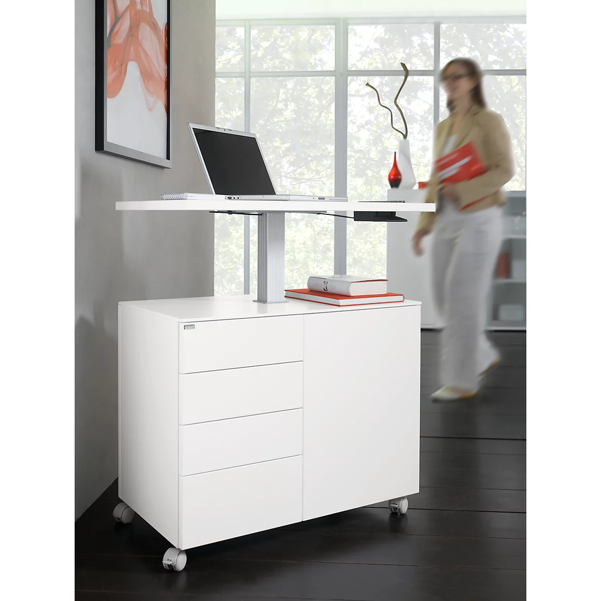 Caisson mobile d'extension SOLUS PLAY, 4 tiroirs, 1 porte battante, l. 800 x P 500 x H 720 - 1080 mm, blanc