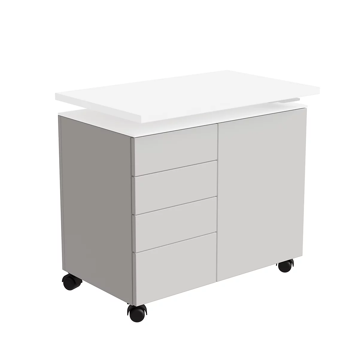 Caisson mobile d'extension SOLUS PLAY, 4 tiroirs, 1 porte battante, l. 800 x P 500 x H 720 - 1080 mm, blanc