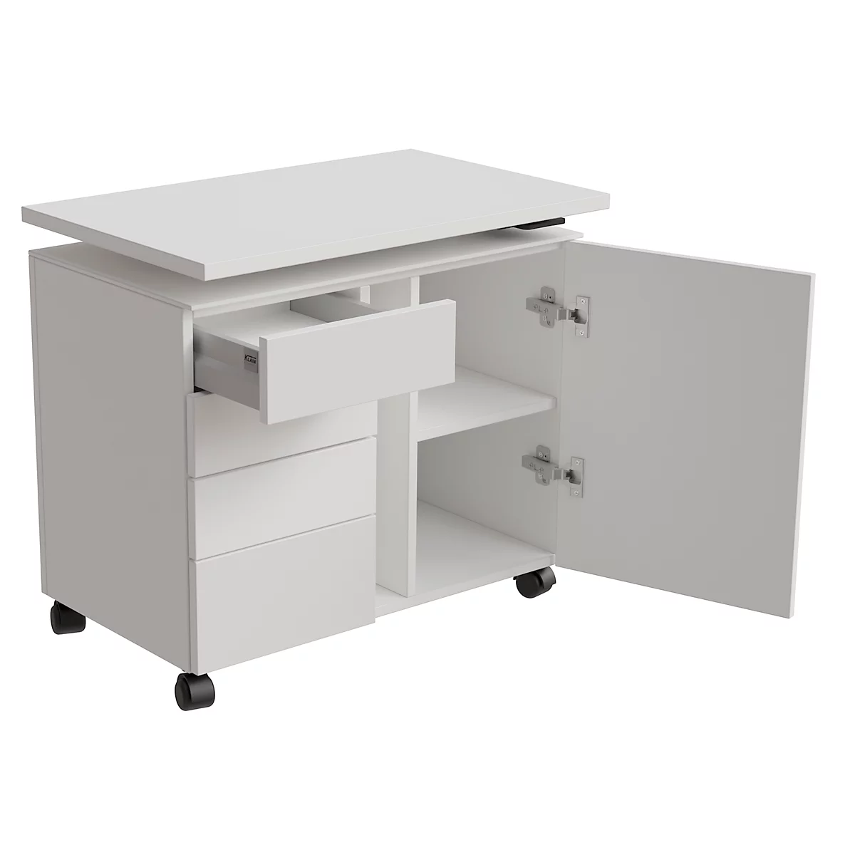 Caisson mobile d'extension SOLUS PLAY, 4 tiroirs, 1 porte battante, l. 800 x P 500 x H 720 - 1080 mm, blanc