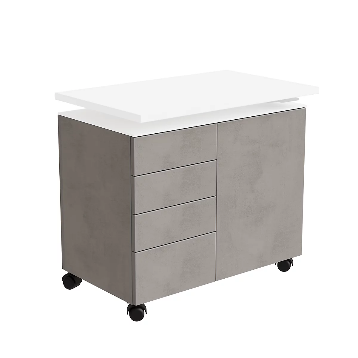 Caisson mobile d'extension SOLUS PLAY, 4 tiroirs, 1 porte battante, l. 800 x P 500 x H 720 - 1080 mm, ceramic grey