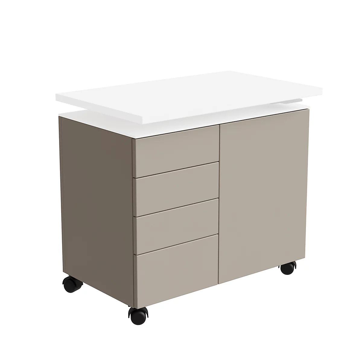Caisson mobile d'extension SOLUS PLAY, 4 tiroirs, 1 porte battante, l. 800 x P 500 x H 720 - 1080 mm, gris pierre
