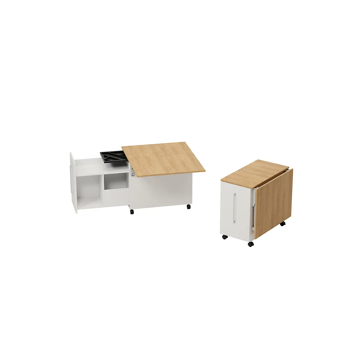 Caisson mobile Homeoffice Multicontainer, avec panneau latéral coulissant et rabattable à droite, L 480-1080 x P 800 x H 740 mm, chêne maçonné/blanc