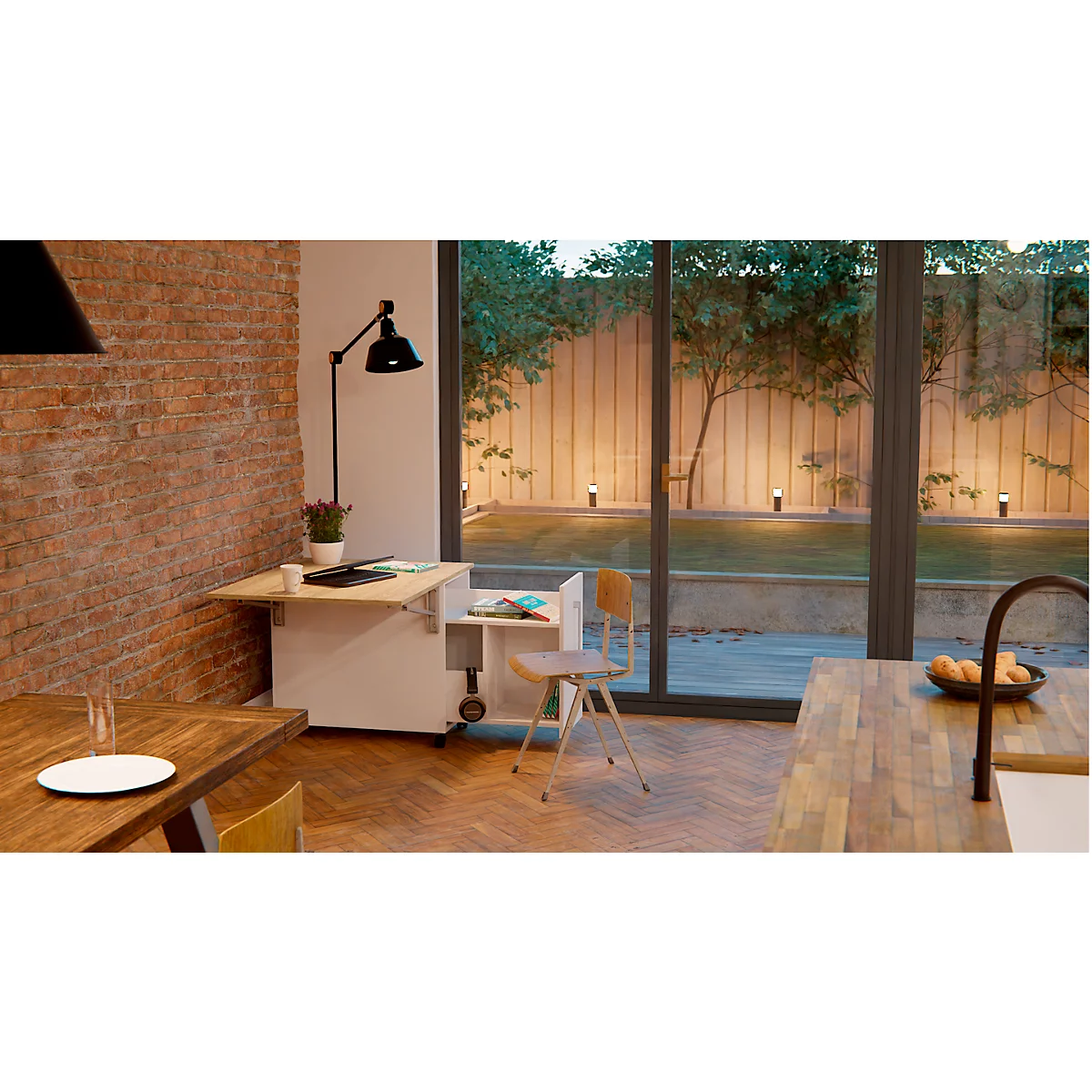 Caisson mobile Homeoffice Multiconteneur, avec panneau latéral gauche coulissant et rabattable, L 480-1080 x P 800 x H 740 mm, chêne maçonné/blanc