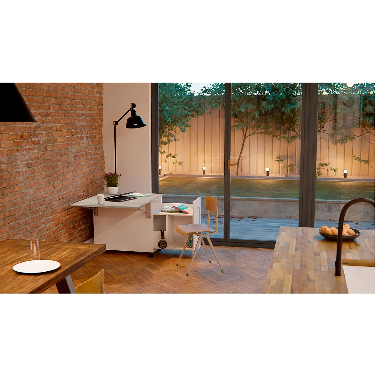 Caisson mobile Homeoffice Multiconteneur, avec panneau latéral gauche coulissant et rabattable, L 480-1080 x P 800 x H 740 mm, Gris céramique/blanc
