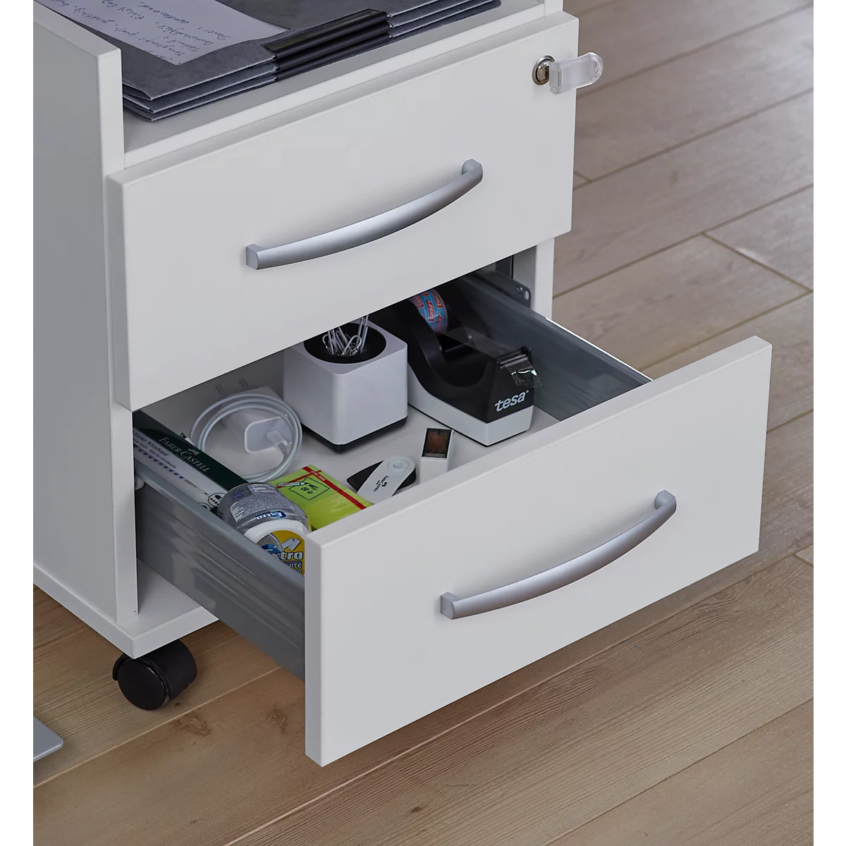 Caisson mobile, idéal pour le bureau à domicile, 2 tiroirs avec poignées, compartiment de rangement, verrouillage central, 2 clés d'inclinaison incluses, L 409 x P 459 x H 507 mm, blanc