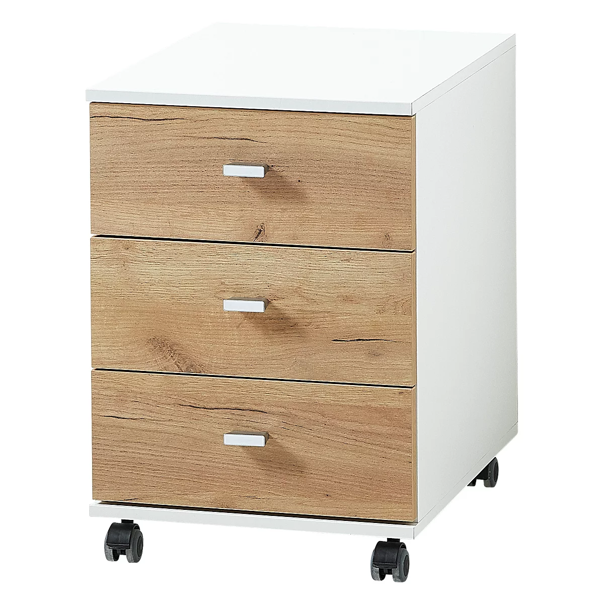 Caisson mobile LIONI - en bois - 3 tiroirs - L 400 x P 490 x H 570 mm - blanc et décor chêne Navarra
