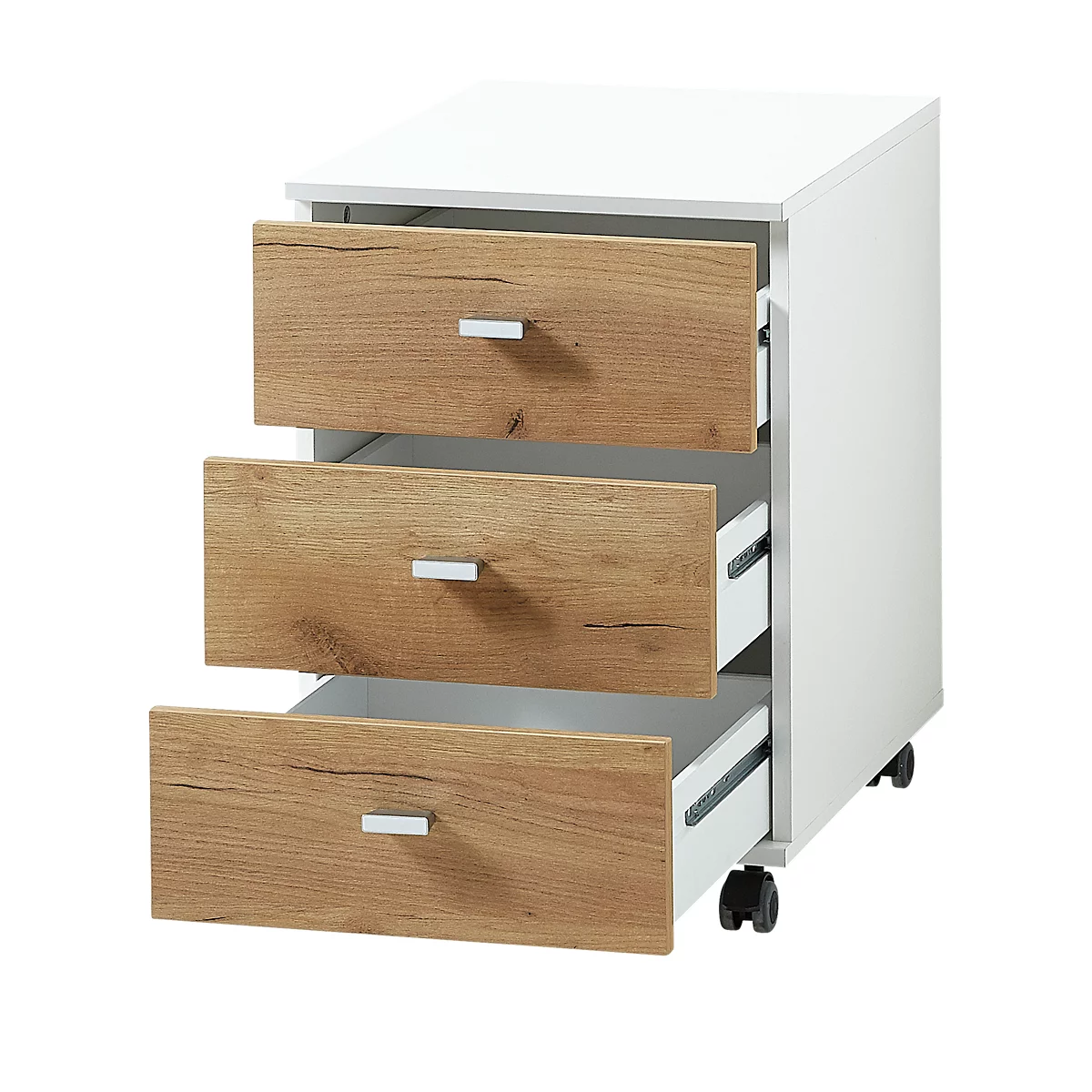 Caisson mobile LIONI - en bois - 3 tiroirs - L 400 x P 490 x H 570 mm - blanc et décor chêne Navarra
