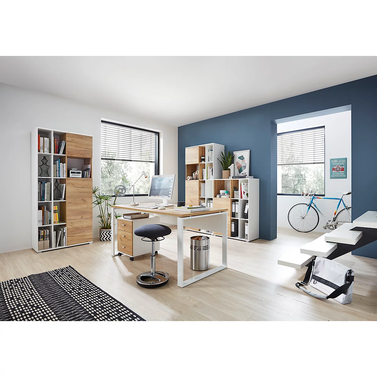 Caisson mobile LIONI - en bois - 3 tiroirs - L 400 x P 490 x H 570 mm - blanc et décor chêne Navarra